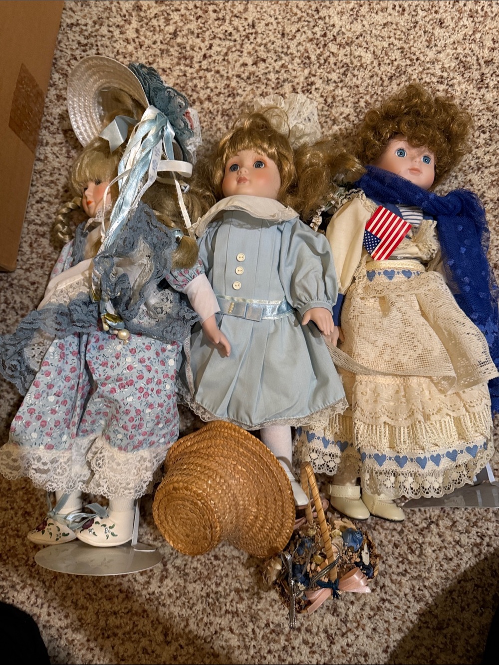 Vintage Porcelain Dolls Trio - Blue, Cream, Floral Dresses